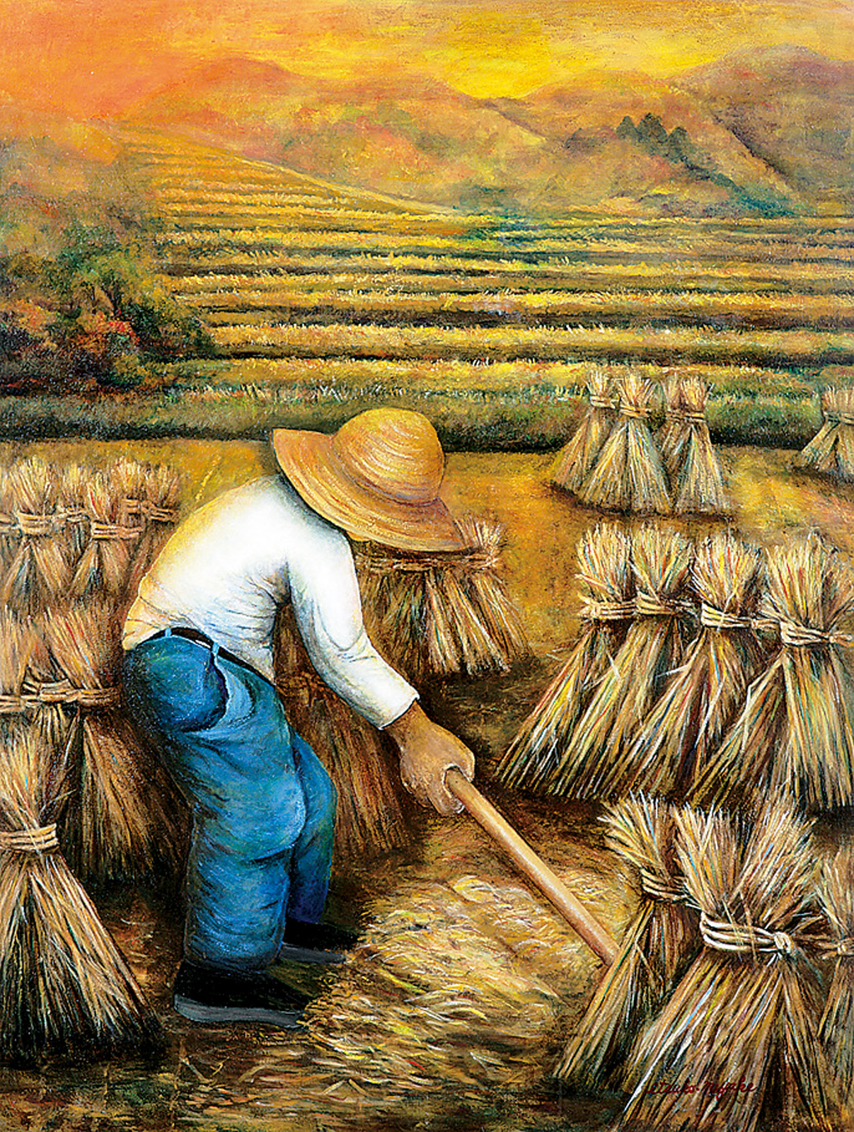 真作】絵画 油彩 農村の人々を描く群像画 収穫のリズム 働く光景 Y115