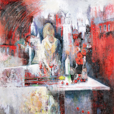 福田三恵子 版画作品 「赤い靴」 鋭