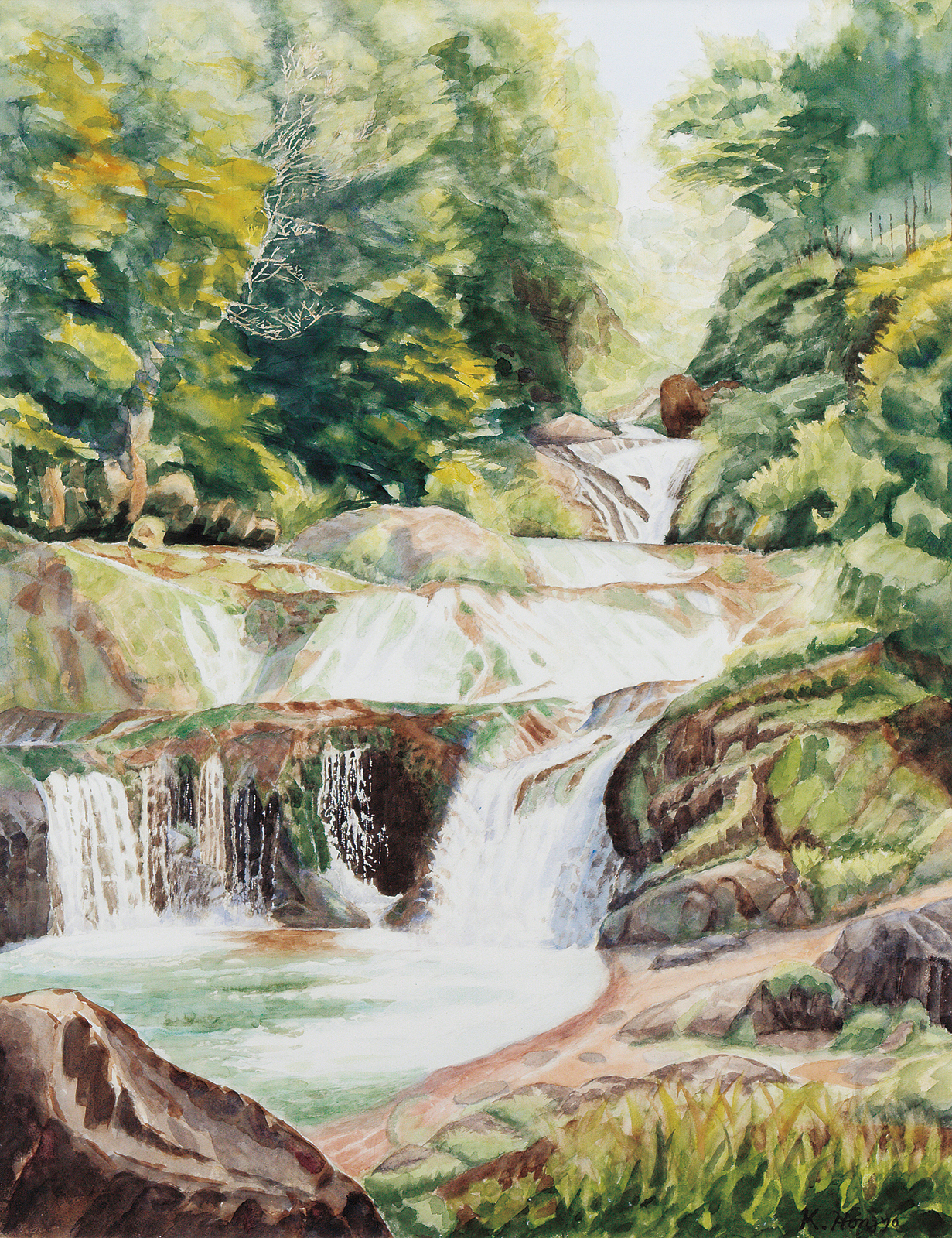 風景画　作:滝洋子 『化石』　縦84cm✖️横100cm✖️6cm 本庄克啓 蓼科オシドリの滝 | 太平洋美術会