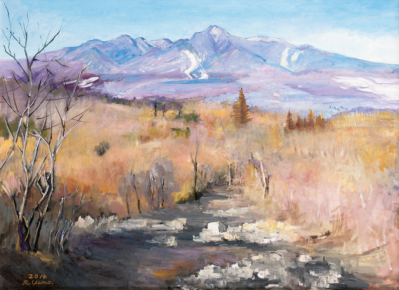 絵画「木曽路より御岳山をのぞむ」水彩画