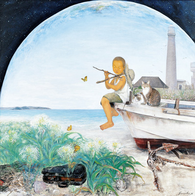 細川進レンゲ花と民家風景画 F6号油絵 絵画 油彩画 細川進レンゲ花と